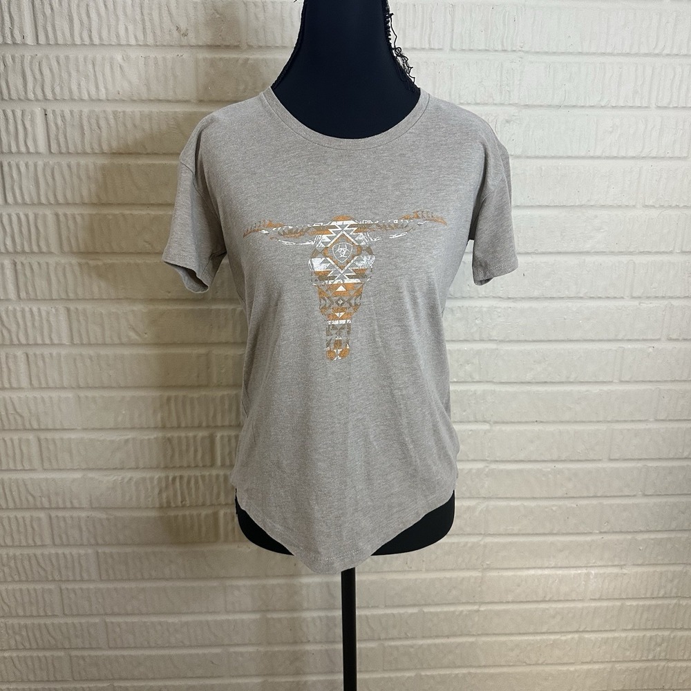 Ariat Woman's Blanket Skull T-Shirt Oatmeal Heather Sz‎ XS Western Cowgirl
